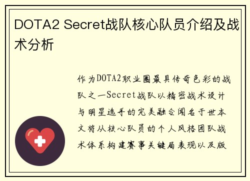 DOTA2 Secret战队核心队员介绍及战术分析