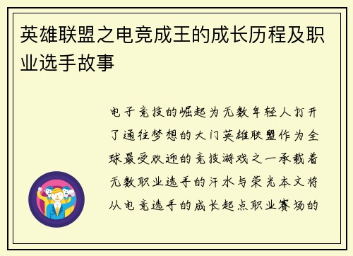 英雄联盟之电竞成王的成长历程及职业选手故事